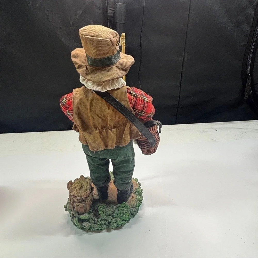 Santa Fisherman Figurine Statue Fishin Pole-Fish-Creel Basket Vest Hat 12